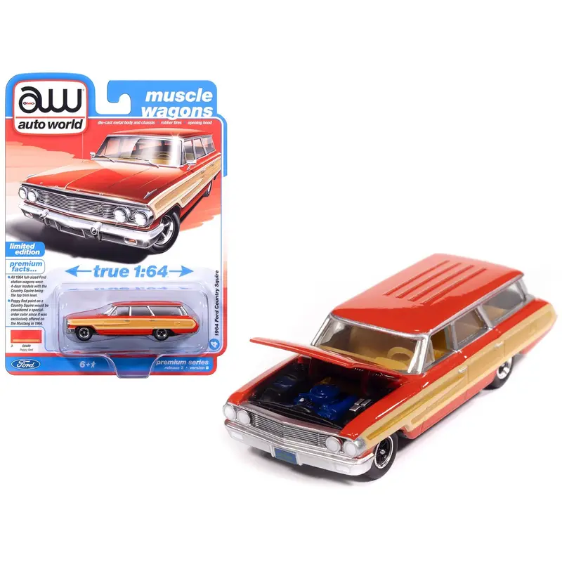 1964 Ford Country Squire Poppy Red With Woodgrain Sides "Muscle Wagons" Series 1/64 Diecast Model Car By Auto World 1