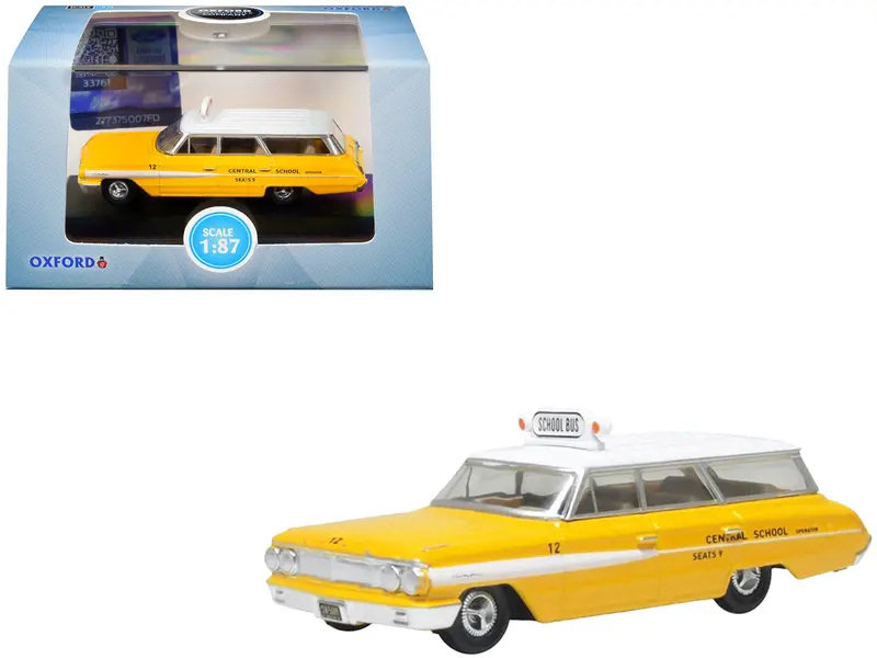 1964 Ford Country Station Wagon "Central School Bus" Yellow With White Top 1/87 (Ho) Scale Diecast Model Car By Oxford Diecast 1