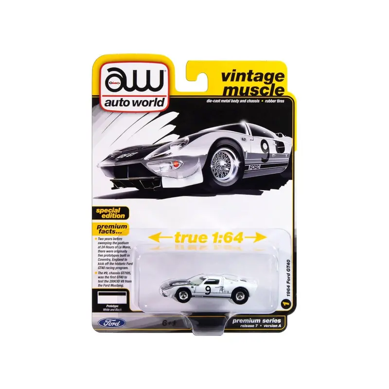 1964 Ford Gt40 #9 White With Black Hood And Stripes "Vintage Muscle" Series 1/64 Diecast Model Car By Auto World 1