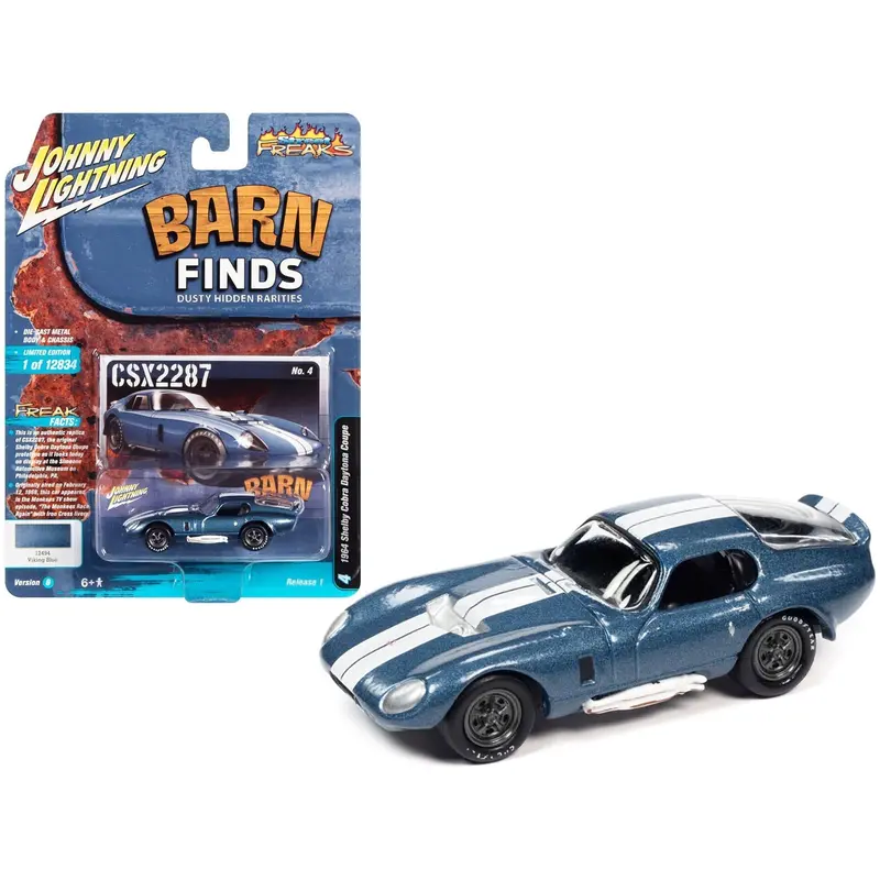 1964 Shelby Cobra Daytona Coupe Viking Blue Metallic With White Stripes "Barn Finds" Limited Edition To 12834 Pieces Worldwide "Street Freaks" Series 1/64 Diecast Model Car By Johnny Lightning 1