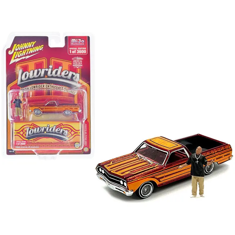1965 Chevrolet El Camino Lowrider Red Metallic With Orange Graphics And Red Interior And Diecast Figure Limited Edition To 3600 Pieces Worldwide 1/64 Diecast Model Car By Johnny Lightning 1