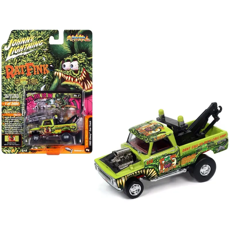 1965 Chevrolet Tow Truck "Rat Fink - The Fix Is In" Showtime Green With "Rat Fink" Graphics "Zingers!" Limited Edition To 3484 Pieces Worldwide "Street Freaks" Series 1/64 Diecast Model Car By Johnny Lightning 1