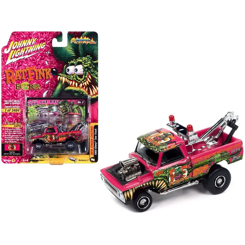 1965 Chevrolet Tow Truck "Rat Fink - Took The Bait" Fink Pink With "Rat Fink" Graphics "Zingers!" Limited Edition To 3484 Pieces Worldwide "Street Freaks" Series 1/64 Diecast Model Car By Johnny Lightning 1