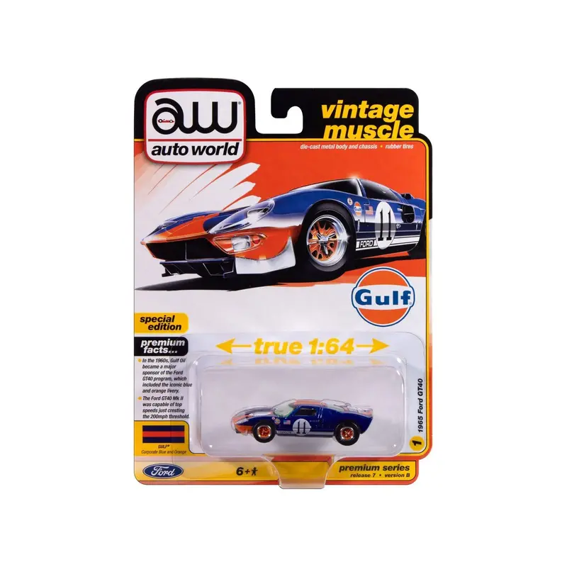 1965 Ford Gt40 #11 "Gulf" Blue With Orange Stripe "Vintage Muscle" Series 1/64 Diecast Model Car By Auto World 1