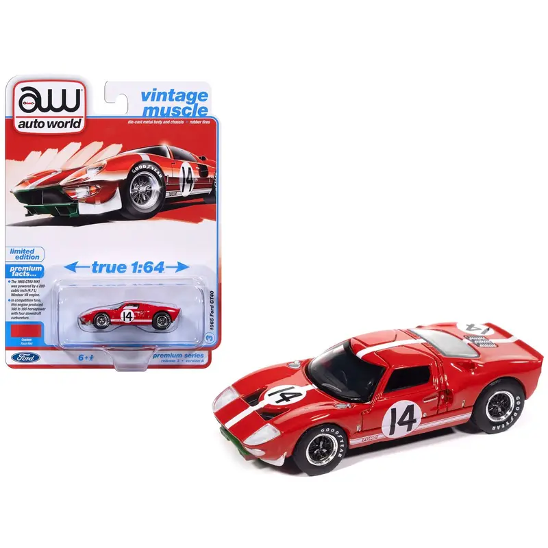 1965 Ford Gt40 #14 Red With White Stripes "Vintage Muscle" Series 1/64 Diecast Model Car By Auto World 1