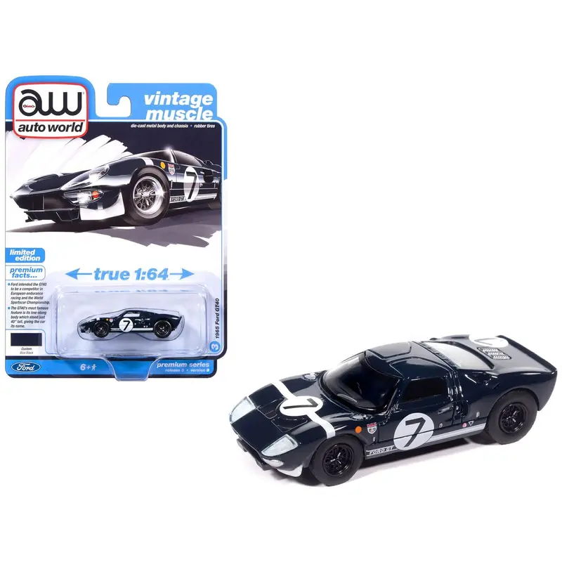 1965 Ford Gt40 #7 Blue Black With White Stripes "Vintage Muscle" Series 1/64 Diecast Model Car By Auto World 1