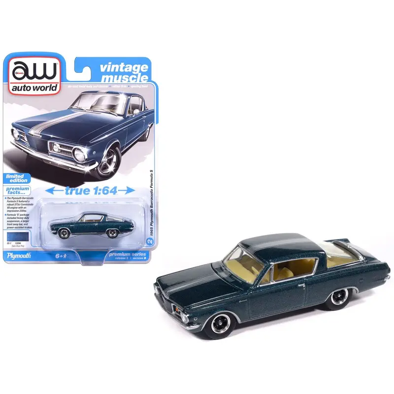 1965 Plymouth Barracuda Formula S Dark Blue Metallic With Silver Stripe "Vintage Muscle" Series 1/64 Diecast Model Car By Auto World 1