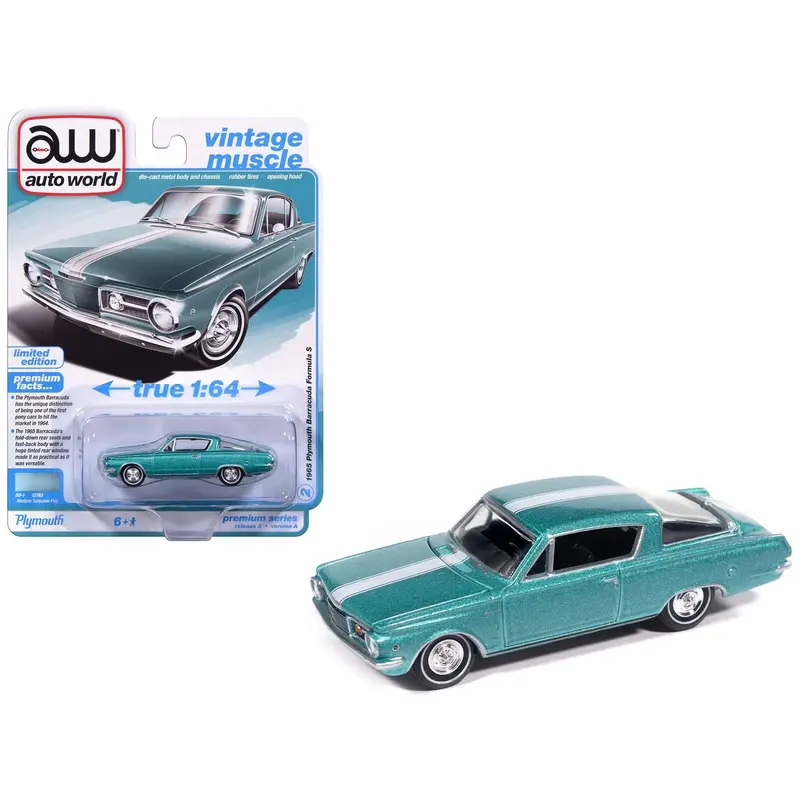 1965 Plymouth Barracuda Formula S Turquoise Metallic With White Stripe "Vintage Muscle" Series 1/64 Diecast Model Car By Auto World 1