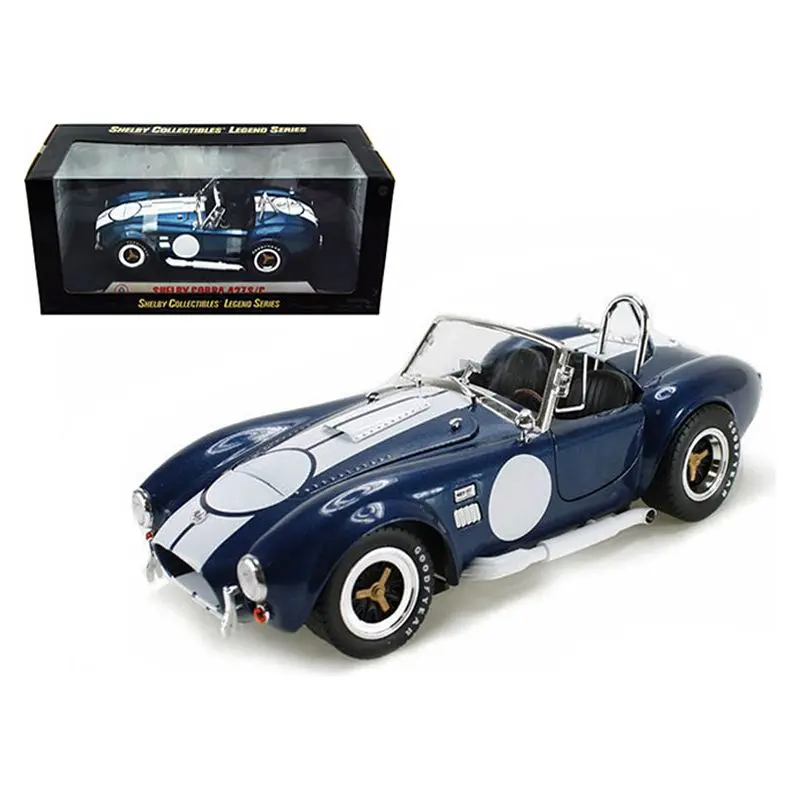 1965 Shelby Cobra 427 S/C Dark Blue Metallic With White Stripes With Printed Carroll Shelby's Signature On The Trunk 1/18 Diecast Model Car By Shelby Collectibles 1