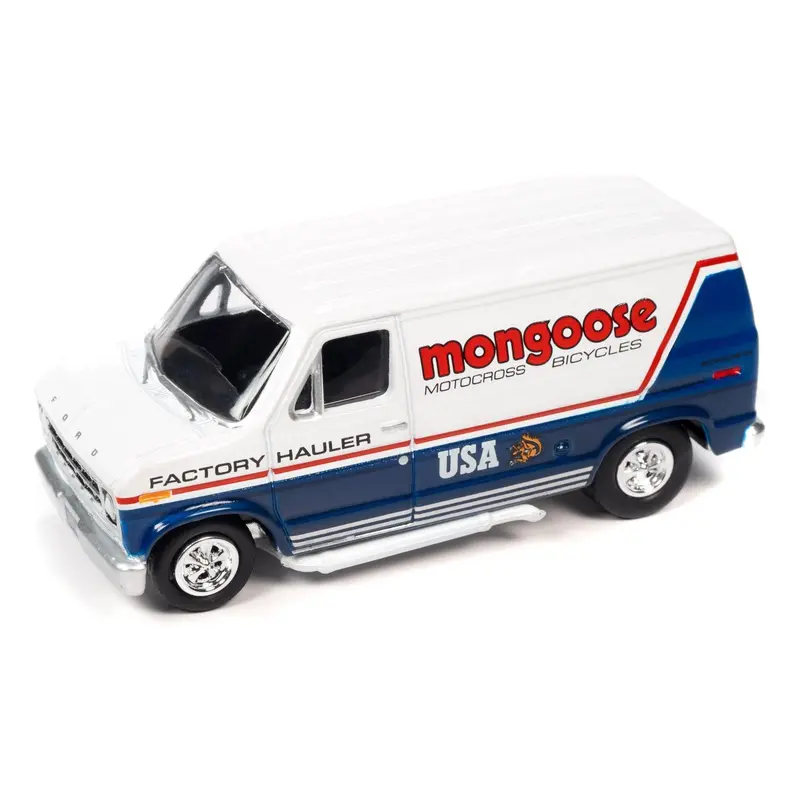1965 Volkswagen Type 2 Transporter Van Black And Red "Schwinn" And 1976 Ford Econoline Van White And Blue "Mongoose Usa Factory Team" "Bmx Freestyle" Set Of 2 Cars "2-Packs" 2023 Release 2 1/64 Diecast Model Cars By Johnny Lightning 1