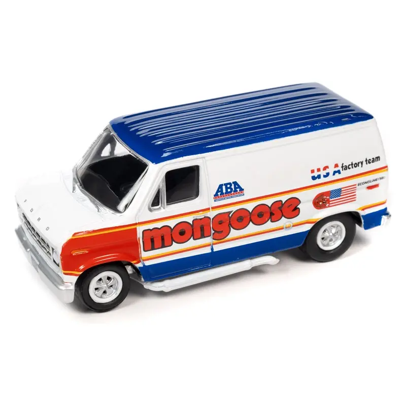 1965 Volkswagen Type 2 Transporter Van White W/ Red Top "Schwinn" & 1976 Ford Econoline Van White With Red & Blue Graphics "Mongoose Usa Factory Team" "Bmx Freestyle" Set Of 2 Cars "2-Packs" 2023 Release 2 1/64 Diecast Model Cars By Johnny Lightning 1