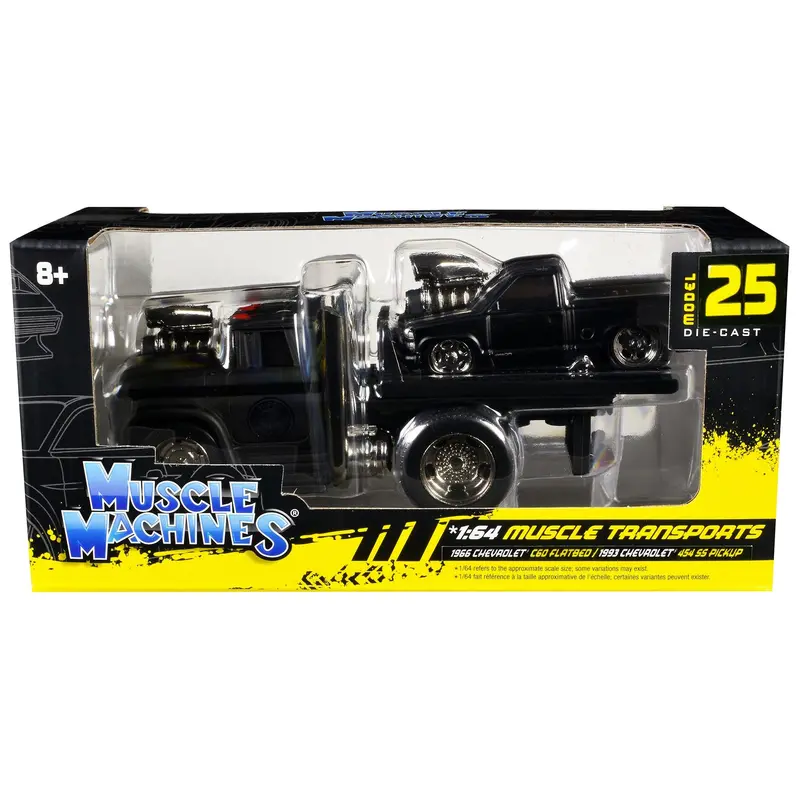 1966 Chevrolet C60 Flatbed Truck Matt Black And 1993 Chevrolet 454 Ss Pickup Truck Matt Black "Muscle Transports" Series 1/64 Diecast Models By Muscle Machines 1
