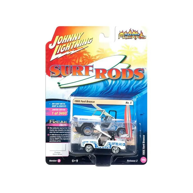 1966 Ford Bronco With Surf Board White And Blue Designs "Street Freaks" Limited Edition To 3460 Pieces Worldwide 1/64 Diecast Model Car By Johnny Lightning 1