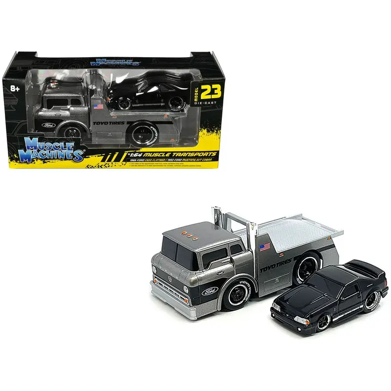 1966 Ford C600 Flatbed Truck Gray Metallic And 1993 Ford Mustang Svt Cobra Black "Toyo Tires" "Muscle Transports" Series 1/64 Diecast Models By Muscle Machines 1