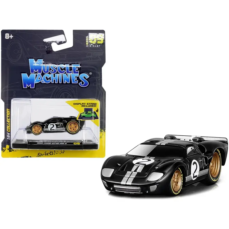 1966 Ford Gt40 Mkii #2 Black With Silver Stripes And Gold Wheels 1/64 Diecast Model Car By Muscle Machines 1