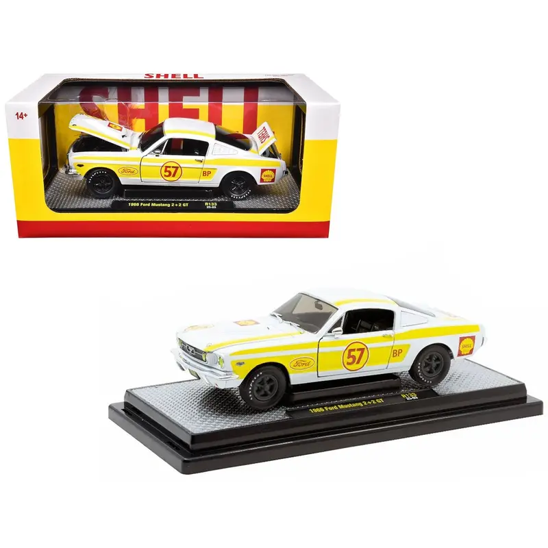 1966 Ford Mustang 2+2 Gt #57 "Shell Oil" White With Yellow Stripes Limited Edition To 5650 Pieces Worldwide 1/24 Diecast Model Car By M2 Machines 1