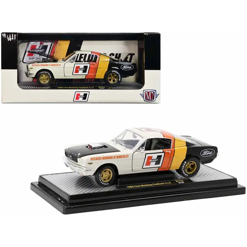 1966 Ford Mustang Fastback 2+2 Off White And Black With Red And Yellow Stripes "Hurst Shifters" Limited Edition To 6000 Pieces Worldwide 1/24 Diecast Model Car By M2 Machines 1