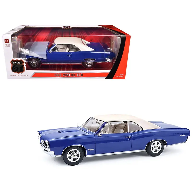 1966 Pontiac Gto Barrier Blue With White Top And Interior 1/18 Diecast Model Car By Highway 61 1