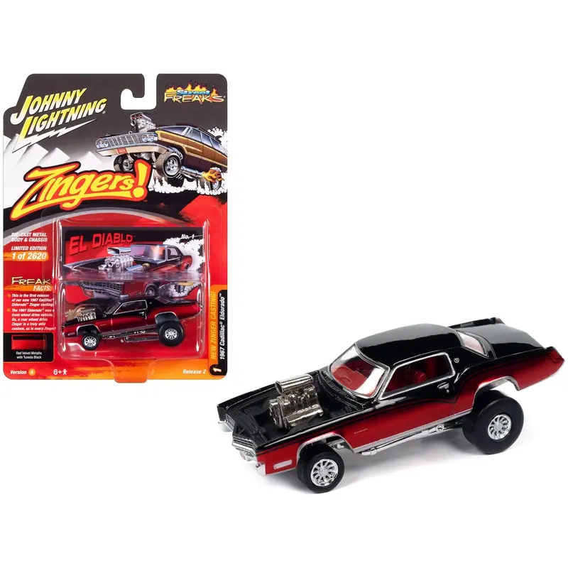 1967 Cadillac Eldorado "El Diablo" Tuxedo Black And Red Velvet Metallic "Zingers!" Limited Edition To 2620 Pieces Worldwide "Street Freaks" Series 1/64 Diecast Model Car By Johnny Lightning 1