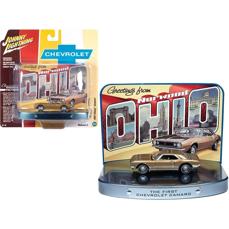 1967 Chevrolet Camaro Gold With Gold Interior With Collectible Tin Display "The First Chevrolet Camaro" "Greetings From Norwood - Birth Place Of The Camaro" 1/64 Diecast Model Car By Johnny Lightning 1