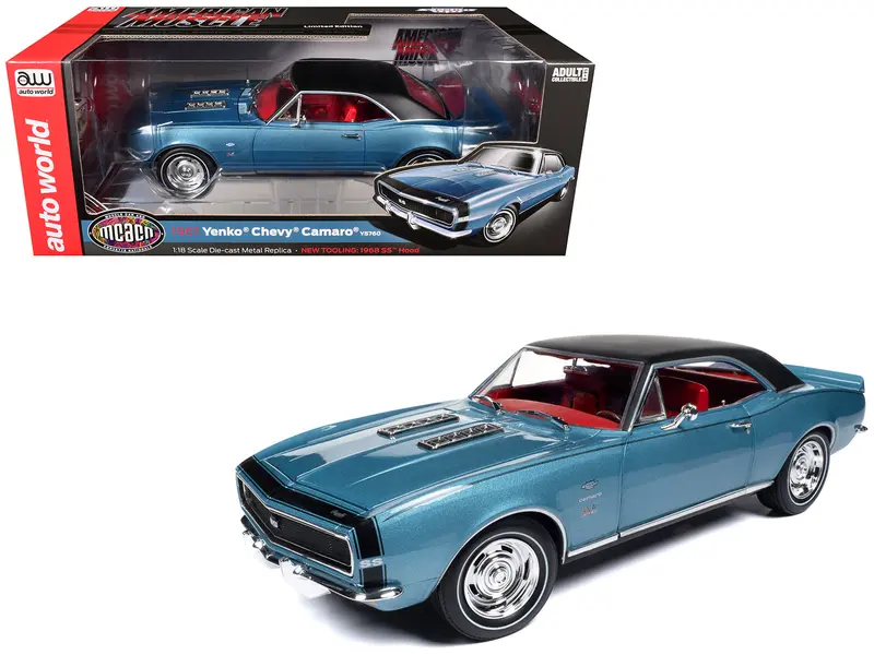 1967 Chevrolet Yenko Camaro Ys760 Nantucket Blue Metallic With Black Stripes, Black Vinyl Top, And Red Interior "Muscle Car & Corvette Nationals" (Mcacn) "American Muscle" Series 1/18 Diecast Model Car By Auto World 1