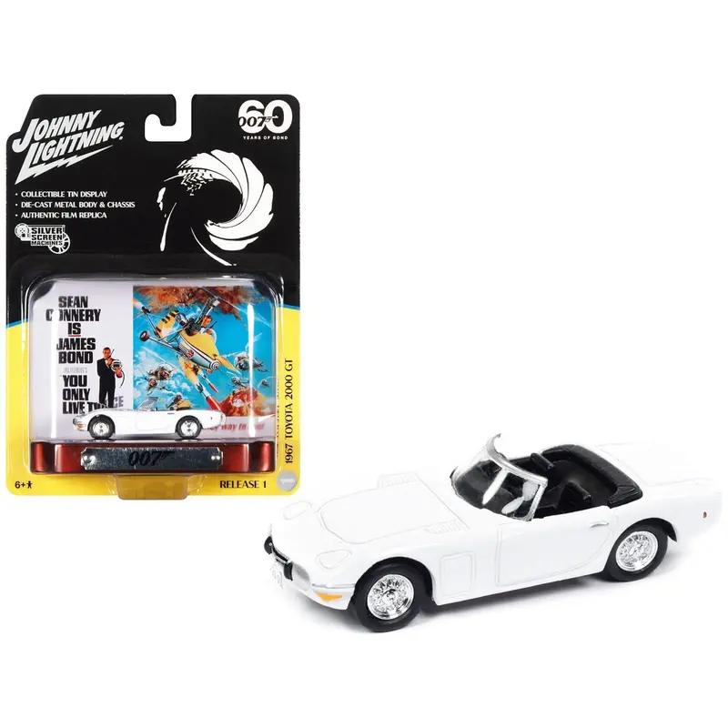 1967 Toyota 2000 Gt Convertible Rhd (Right Hand Drive) White 007 (James Bond) "You Only Live Twice" (1967) Movie With Collectible Tin Display "Silver Screen Machines" Series 1/64 Diecast Model Car By Johnny Lightning 1