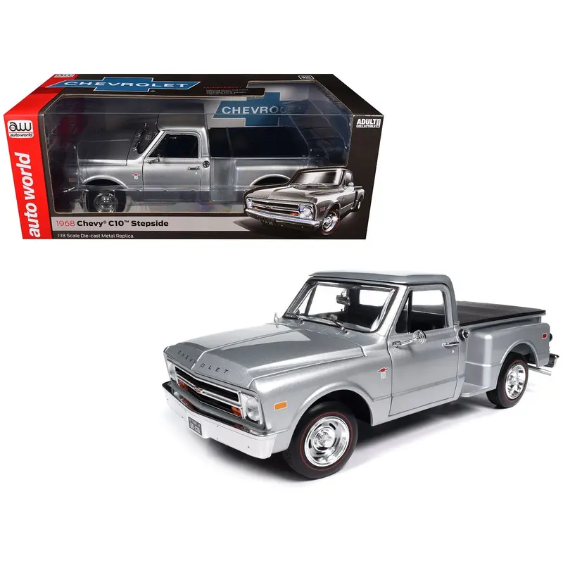 1968 Chevrolet C10 Stepside Pickup Truck Silver Metallic 1/18 Diecast Model Car By Auto World 1