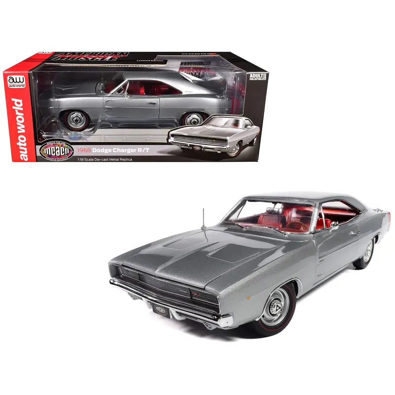 1968 Dodge Charger R/T "Muscle Car & Corvette Nationals" (Mcacn) Silver Metallic With Red Interior "American Muscle" Series 1/18 Diecast Model Car By Auto World 1