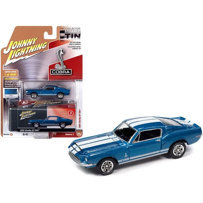 1968 Ford Mustang Shelby Gt-350 Acapulco Blue Metallic With White Stripes And Collector Tin Limited Edition To 4540 Pieces Worldwide 1/64 Diecast Model Car By Johnny Lightning 1