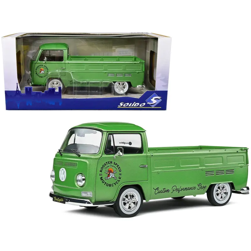 1968 Volkswagen T2 Pickup Truck Green Metallic "Rooster Speed Motorcycle" 1/18 Diecast Model Car By Solido 1