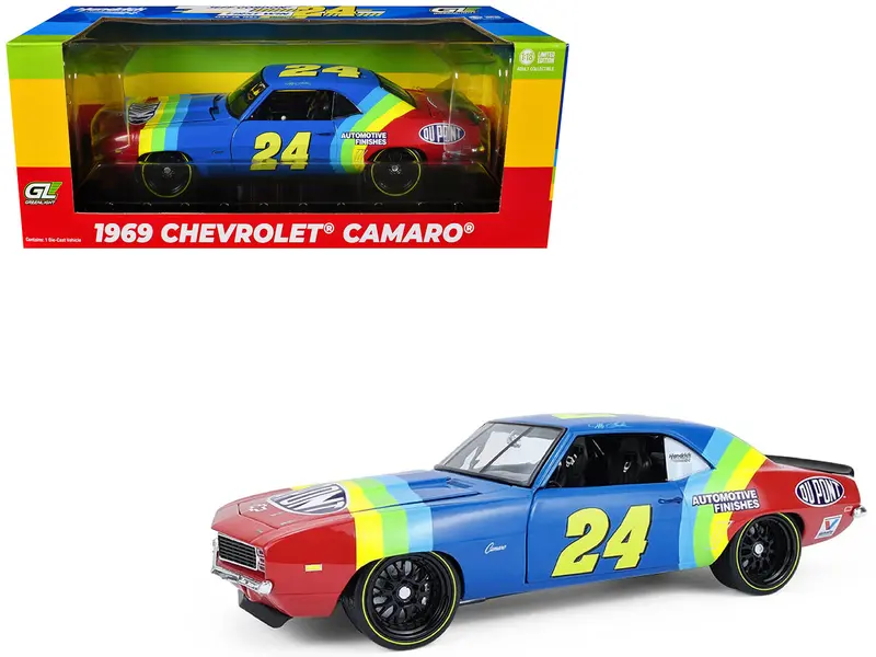1969 Chevrolet Camaro #24 Jeff Gordon "Hendrick Motorsports First Win Tribute" Blue And Red With Rainbow Stripes 1/18 Diecast Model Car By Highway 61 1