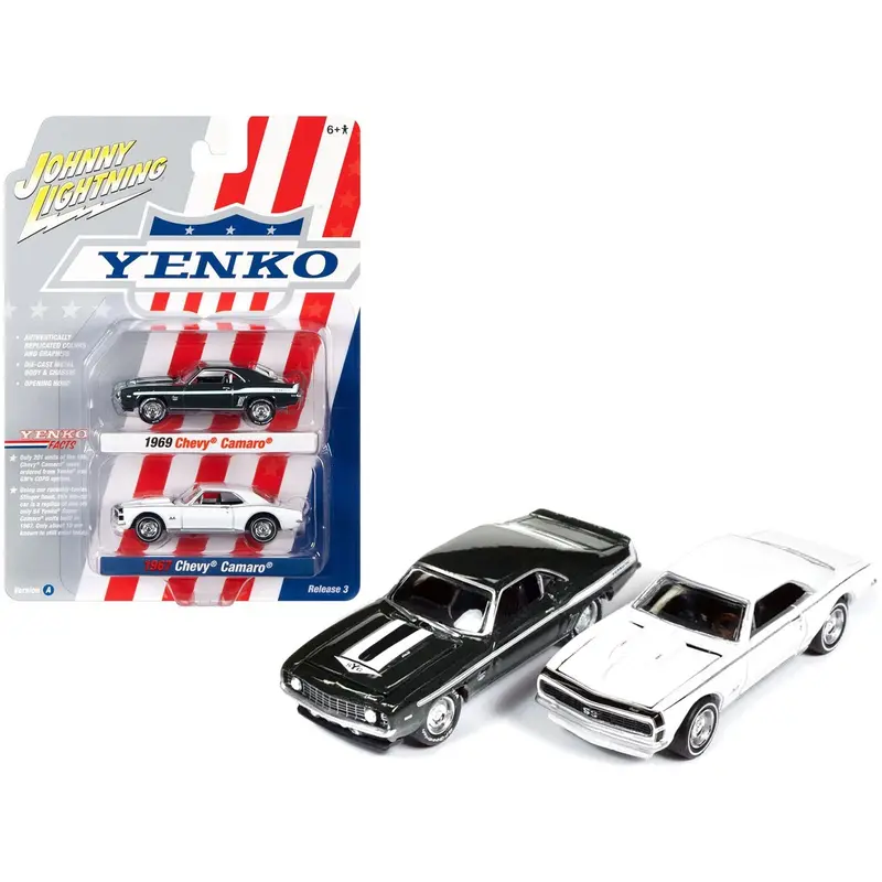 1969 Chevrolet Camaro Fathom Green Metallic With White Stripes And 1967 Chevrolet Camaro White With Black Nose Stripe "Yenko" Series Set Of 2 Cars 1/64 Diecast Model Cars By Johnny Lightning 1