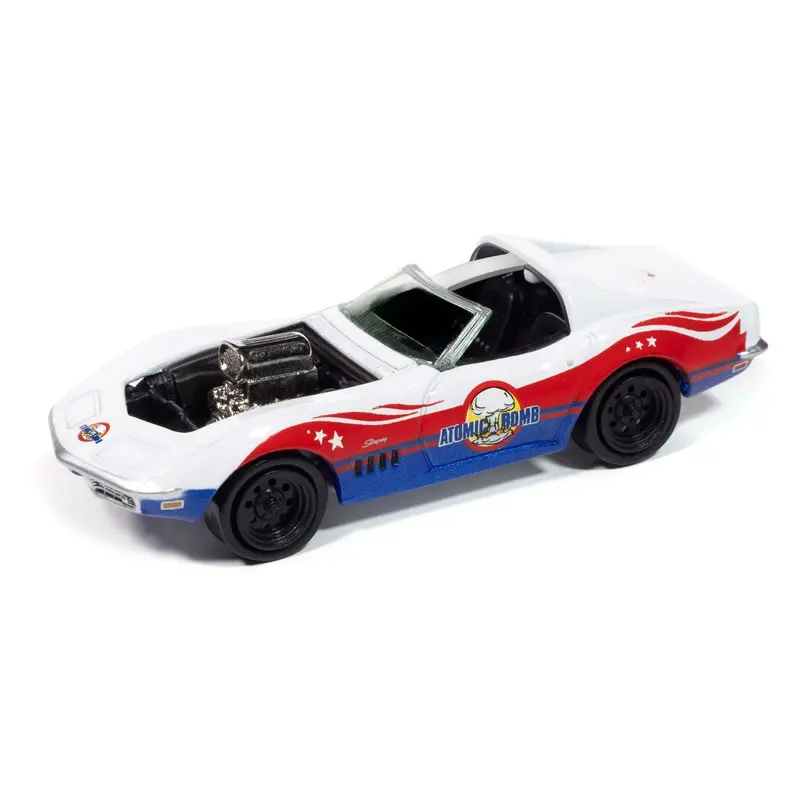 1969 Chevrolet Corvette "Atomic Bomb" White With Red And Blue Graphics "Stuntman Mike's Ride Along Racing" "Pop Culture" 2025 Release 1 1/64 Diecast Model Car By Johnny Lightning 1