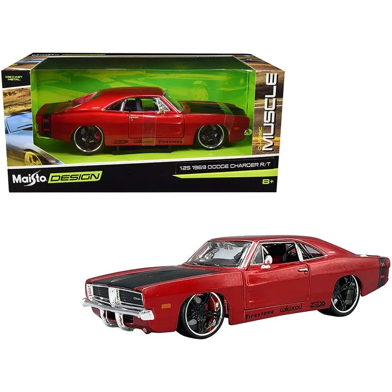 1969 Dodge Charger R/T Red Metallic With Black Hood And Black Stripes "Classic Muscle" 1/25 Diecast Model Car By Maisto 1