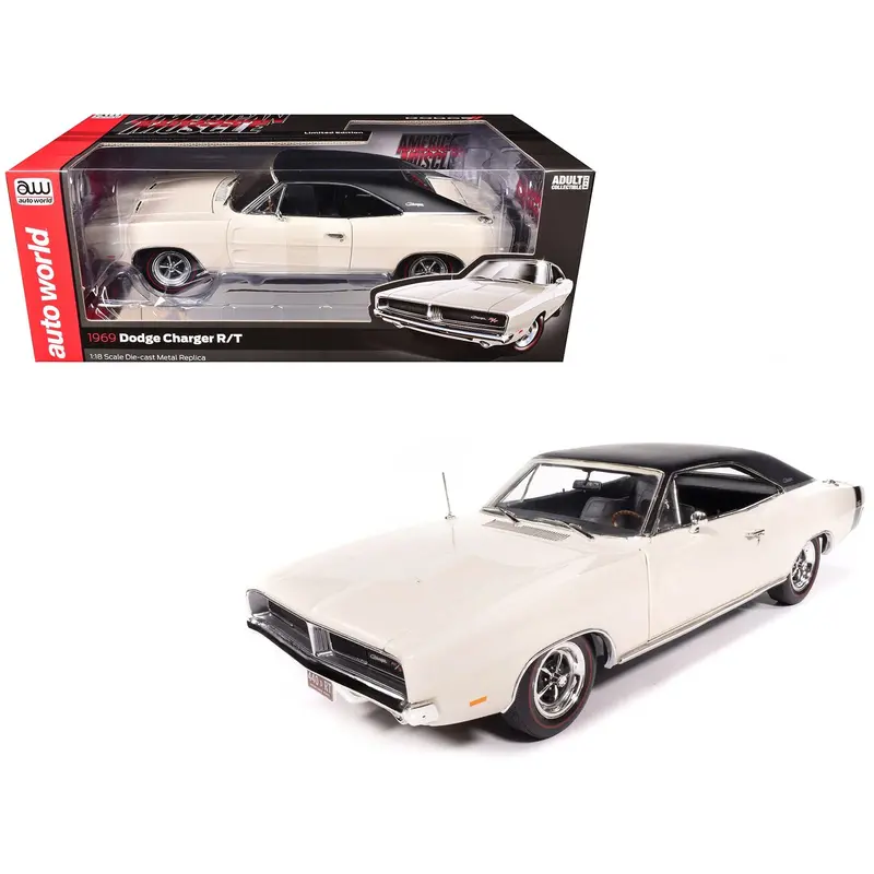 1969 Dodge Charger R/T W1 White With Black Vinyl Top And Black Tail Stripe "American Muscle" Series 1/18 Diecast Model Car By Auto World 1