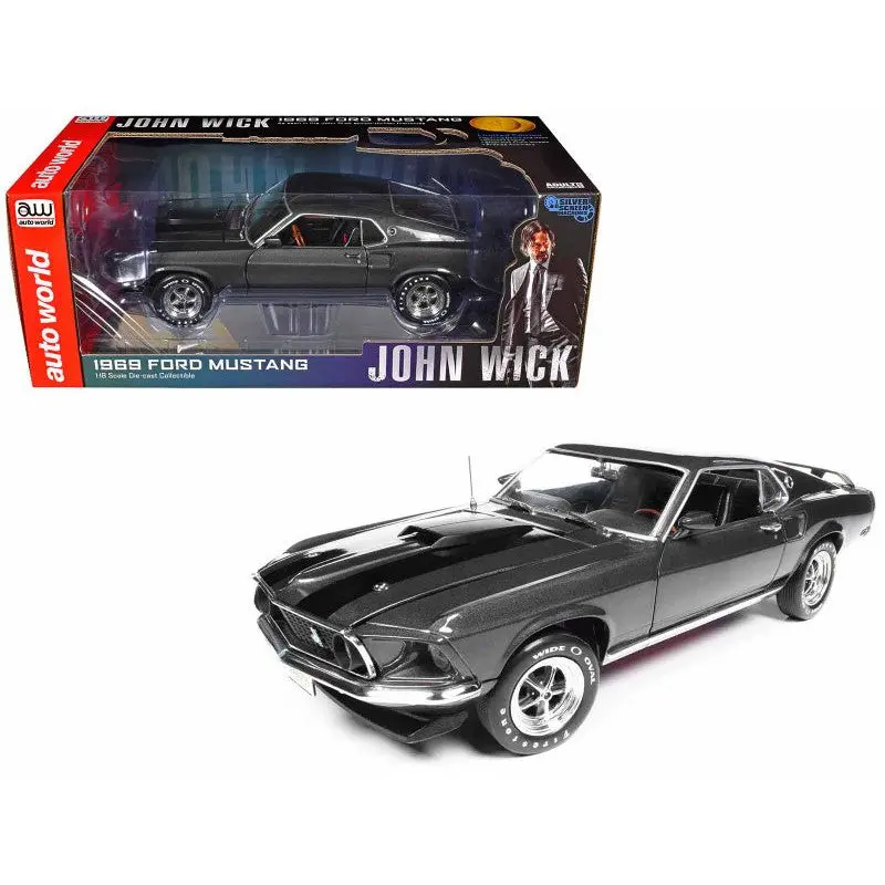 1969 Ford Mustang Dark Gray Metallic With Black Stripes "John Wick" (2014) Movie "Silver Screen Machines" Series 1/18 Diecast Model Car By Auto World 1