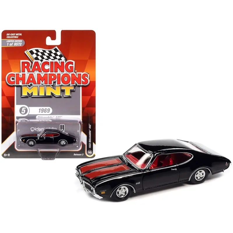 1969 Oldsmobile 442 Black With Red Stripes And Red Interior "Racing Champions Mint 2022" Release 2 Limited Edition To 8572 Pieces Worldwide 1/64 Diecast Model Car By Racing Champions 1