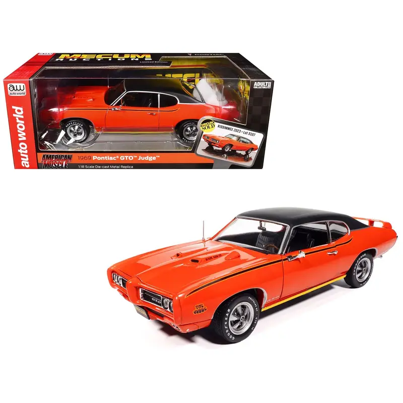 1969 Pontiac Gto Judge Carousel Red With Black Stripes And Black Vinyl Top "Mecum Auctions" "American Muscle" Series 1/18 Diecast Model Car By Auto World 1