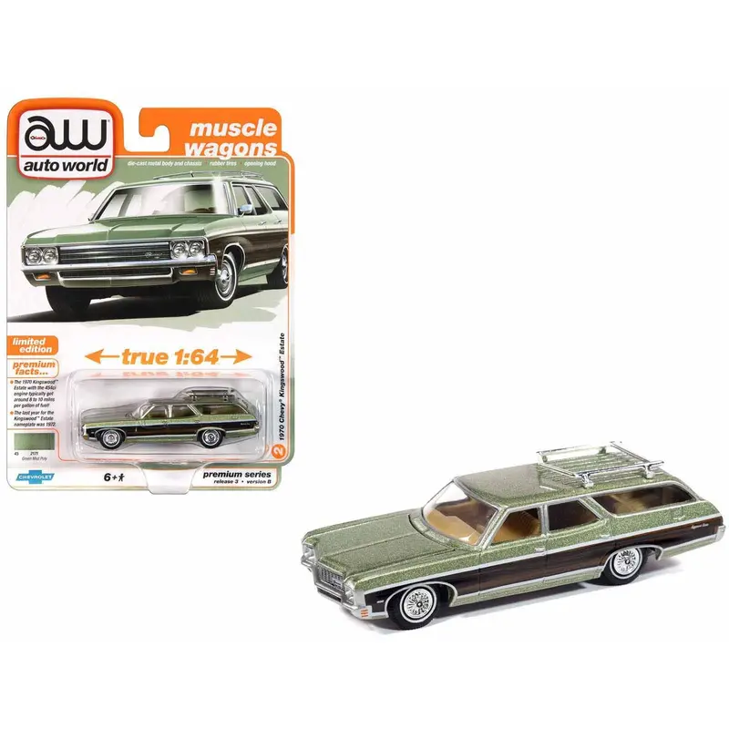 1970 Chevrolet Kingswood Estate Wagon Green Mist Metallic With Woodgrain Sides And Roof Rack "Muscle Wagons" Series 1/64 Diecast Model Car By Auto World 1