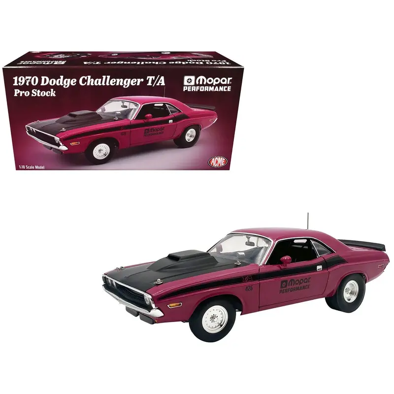 1970 Dodge Challenger T/A Pro Stock "Mopar Performance" Panther Pink With Black Stripes And Black Hood Limited Edition To 350 Pieces Worldwide 1/18 Diecast Model Car By Acme 1