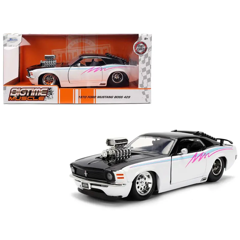 1970 Ford Mustang Boss 429 Black And White With Graphics "Bigtime Muscle" Series 1/24 Diecast Model Car By Jada 1