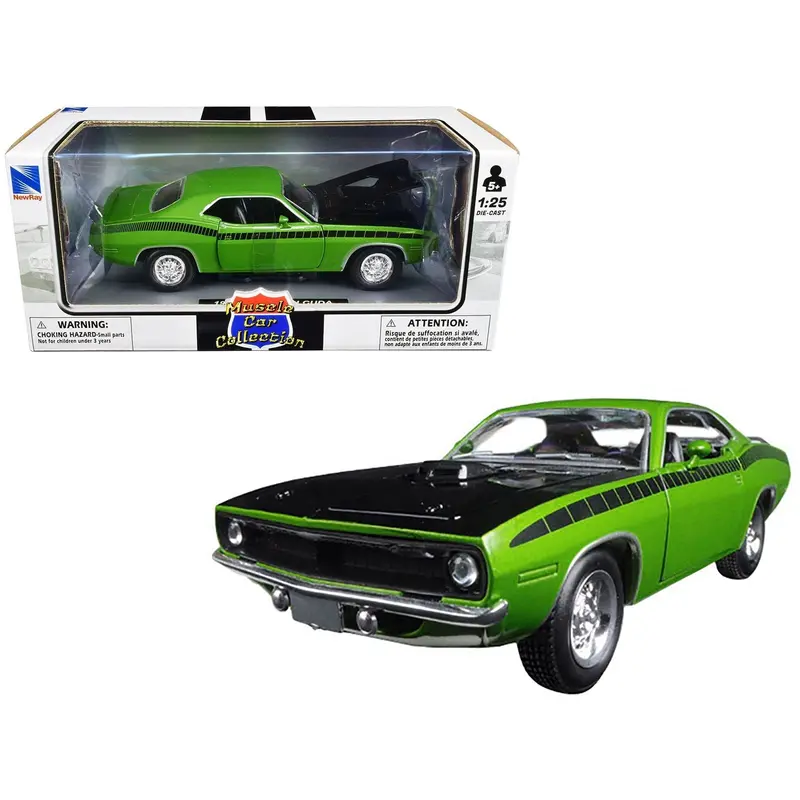 1970 Plymouth Barracuda Green With Black Hood And Stripes "Muscle Car Collection" 1/25 Diecast Model Car By New Ray 1
