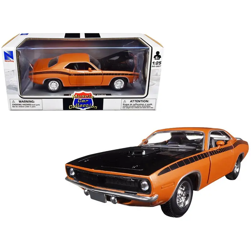 1970 Plymouth Cuda Orange With Black Hood And Stripes 1/25 Diecast Model Car By New Ray 1