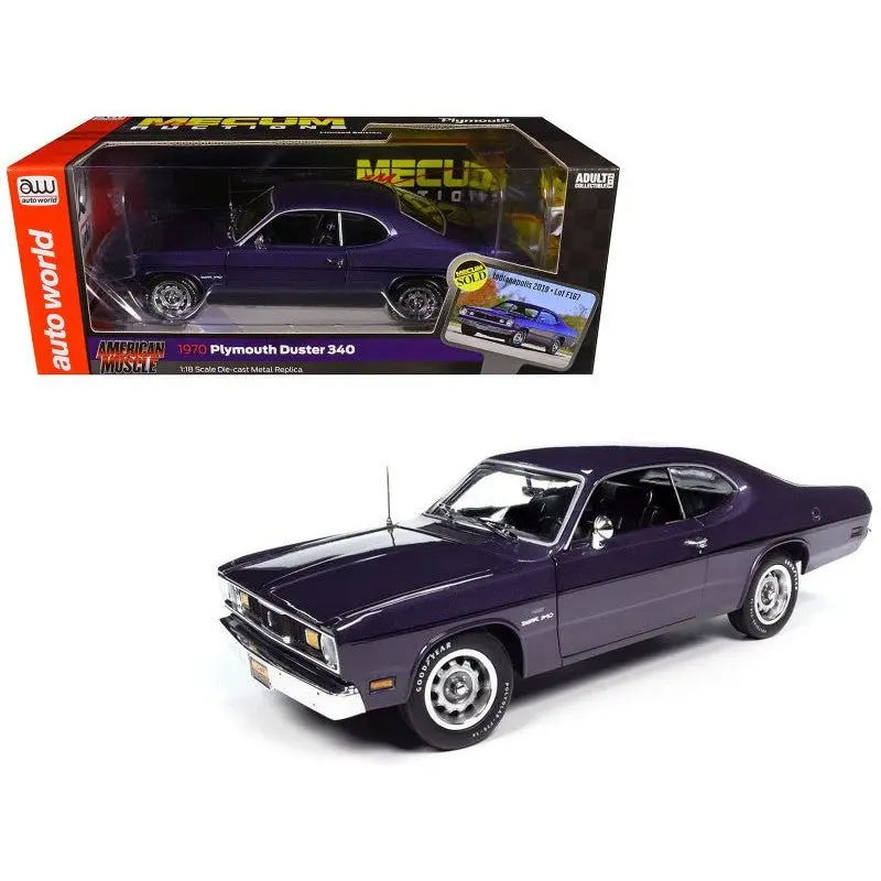 1970 Plymouth Duster 340 Violet Metallic With Black Stripes "Mecum Auctions" "American Muscle" Series 1/18 Diecast Model Car By Auto World 1