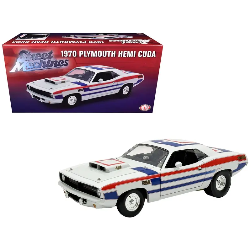 1970 Plymouth Hemi Cuda "Street Machine" White With Red And Blue Stripes Limited Edition To 366 Pieces Worldwide 1/18 Diecast Model Car By Acme 1