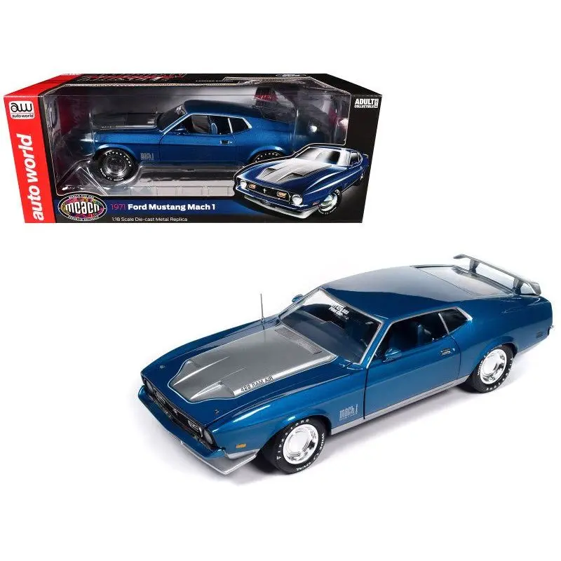 1971 Ford Mustang Mach 1 Blue Metallic With Silver Hood "Muscle Car & Corvette Nationals" (Mcacn) "American Muscle" Series 1/18 Diecast Model Car By Auto World 1