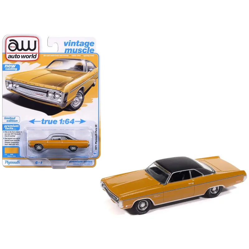 1971 Plymouth Fury Iii Bahama Yellow With Black Top "Vintage Muscle" Series 1/64 Diecast Model Car By Auto World 1