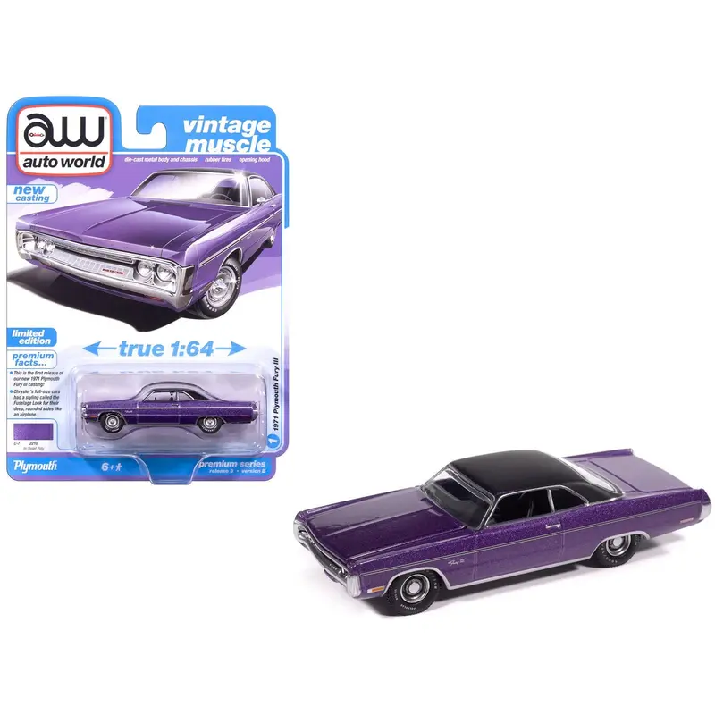1971 Plymouth Fury Iii In-Violet Metallic With Black Top "Vintage Muscle" Series 1/64 Diecast Model Car By Auto World 1