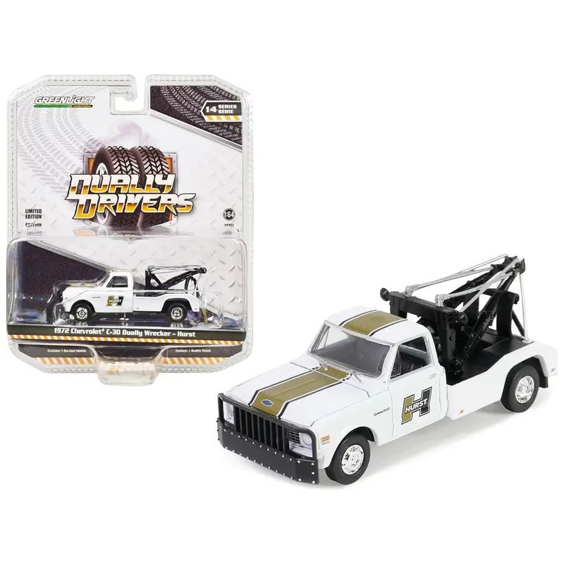 1972 Chevrolet C-30 Dually Wrecker Tow Truck White With Gold Stripes "Hurst" "Dually Drivers" Series 14 1/64 Diecast Model Car By Greenlight 1