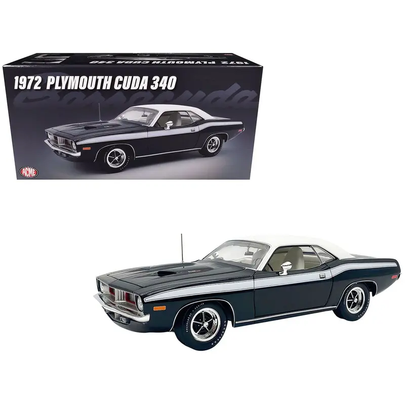 1972 Plymouth Cuda 340 Black With White Stripes Top And Interior Limited Edition To 490 Pieces Worldwide 1/18 Diecast Model Car By Acme 1